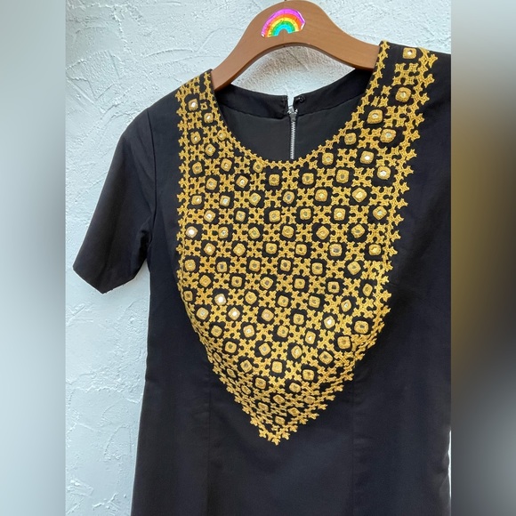 Vintage 60’s Boho Embroidery & Mirrored Discs Black Dress Size Small - Picture 6 of 9